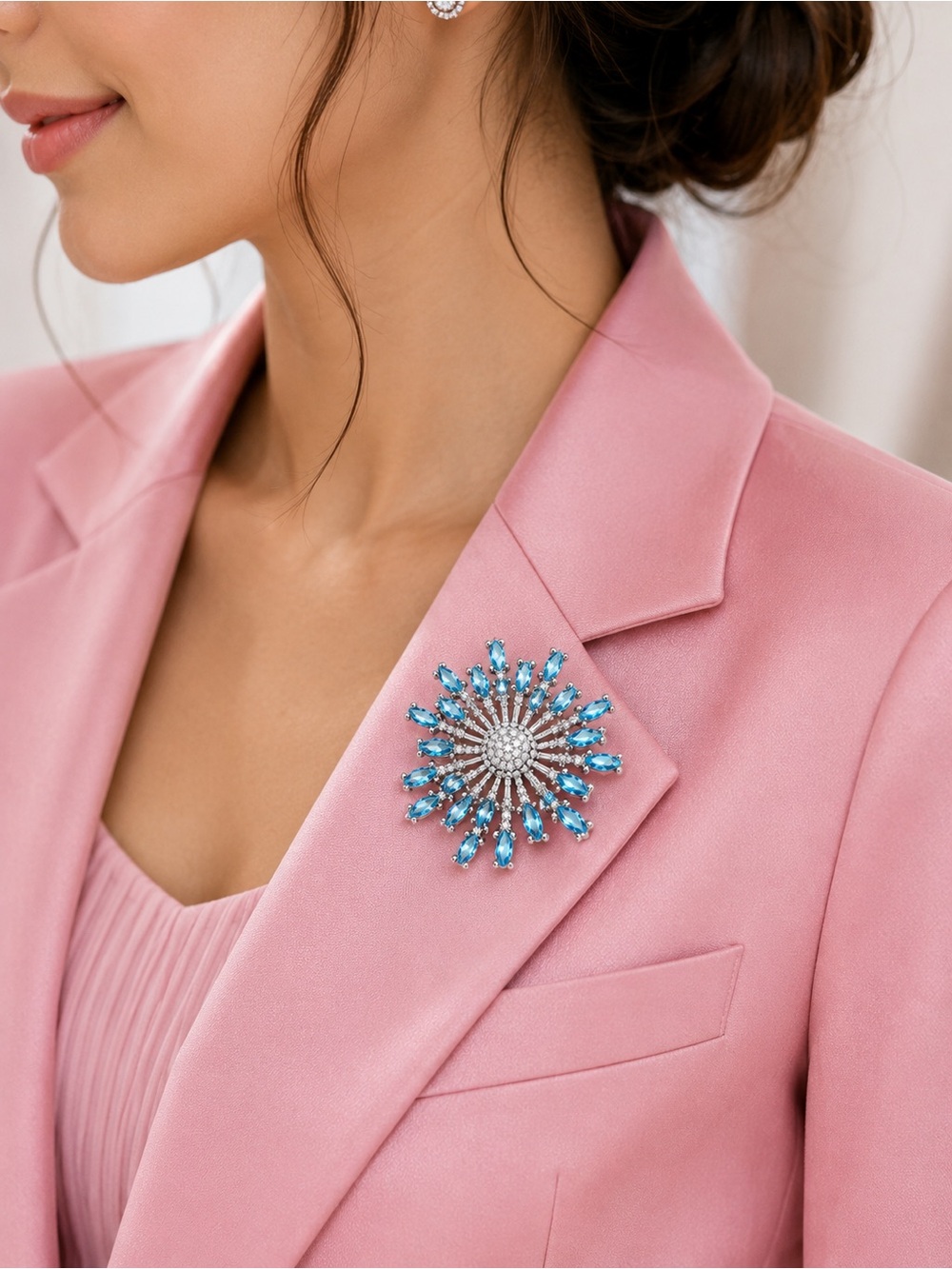 Silver Blue Crystal Starburst Brooch